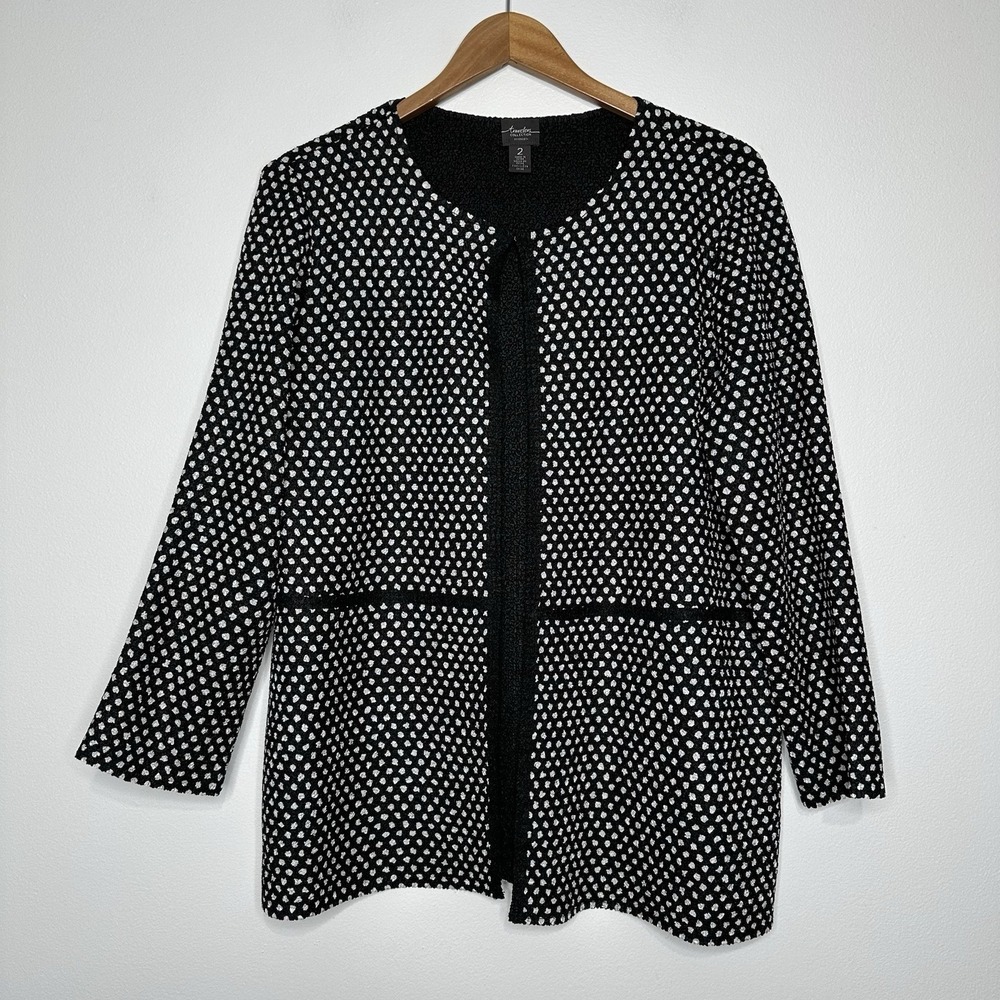 Chicos Travelers Cardigan Topper Jacket 2 Size L Black White Dot Crinkled